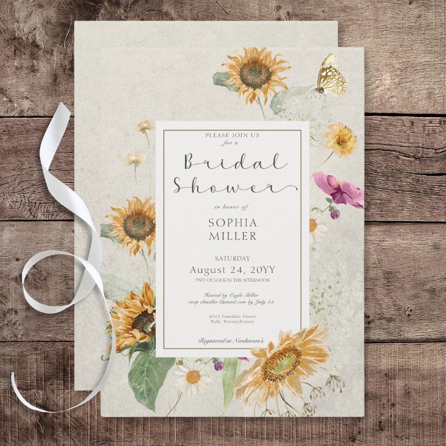 Inbjudan till vintage sommarsolrosgrädda Shower (Vintage Summer Sunflower Cream Bridal Shower Invitation)