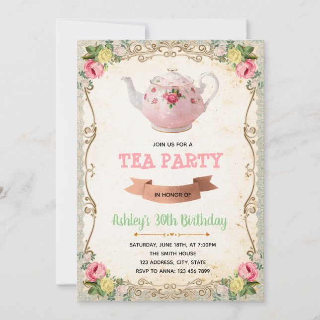 Inbjudan till Vintage-teaparty-tema (Framsida)