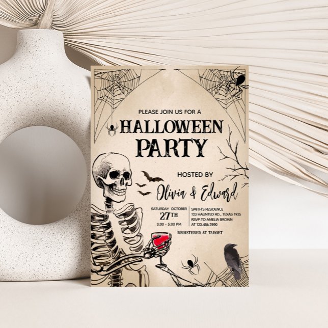 Inbjudan till vintage Vuxen Skull Halloween fest (Adult Vintage Skull Halloween Party Invitation)