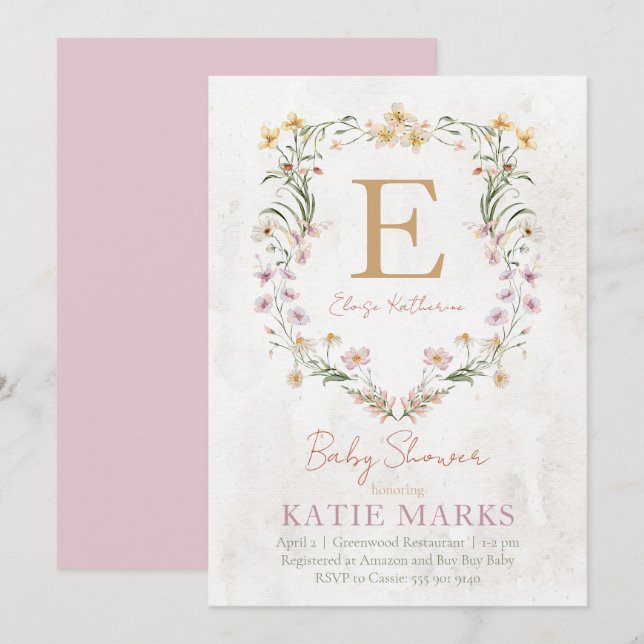Inbjudan till vintage WildblomGirl Baby Shower (Fram/baksida)