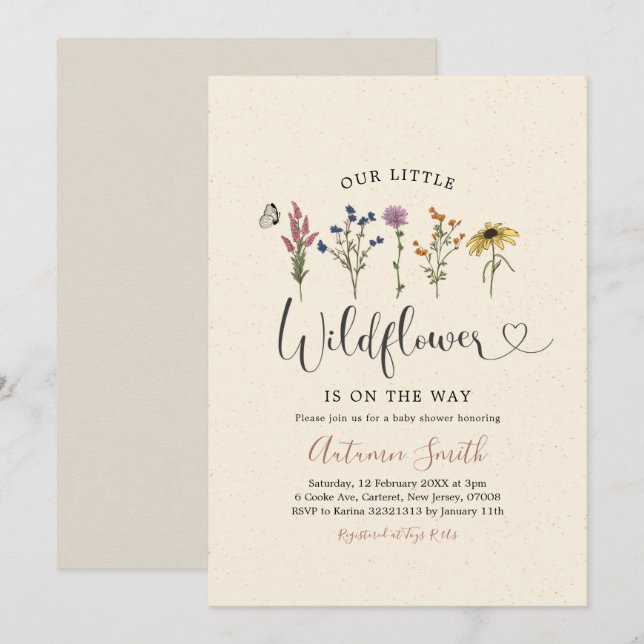 Inbjudan till vintage Wildblomma Baby Shower (Fram/baksida)
