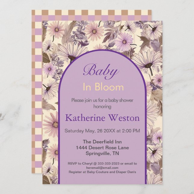 Inbjudan till vintage Wildblomma Baby Shower (Fram/baksida)