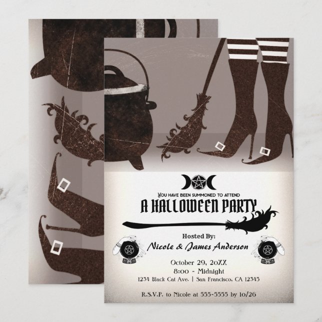 Inbjudan till vintage Witch Halloween fest (Fram/baksida)