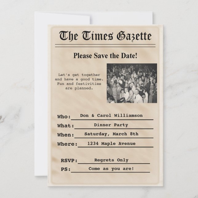 Inbjudan till vintagens Newpaper Party (Framsida)