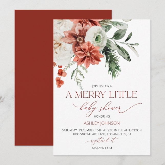 Inbjudan till Vinter Baby Shower, juldusch (Fram/baksida)