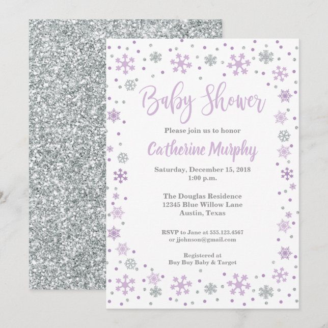 Inbjudan till Vinter Baby Shower Lavender Glitter (Fram/baksida)