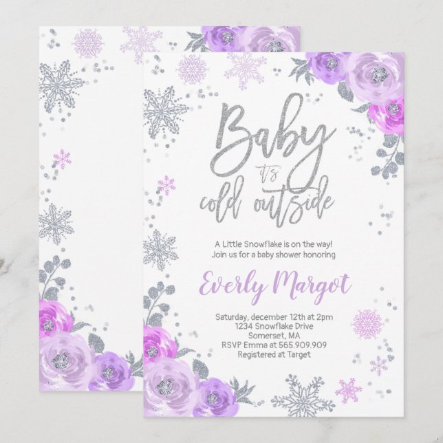 Inbjudan till Vinter Baby Shower Lila och Silver (Fram/baksida)