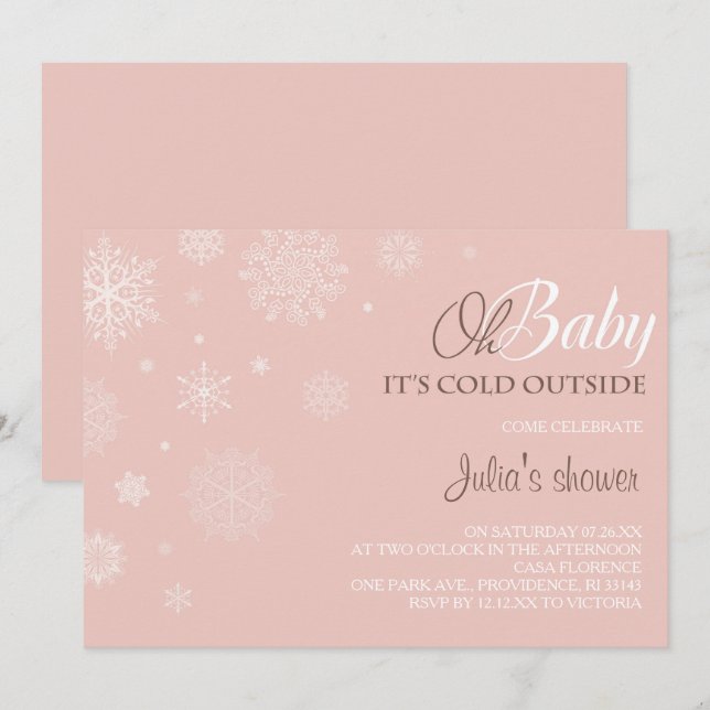Inbjudan till Vinter Baby Shower -  Rosa (Fram/baksida)