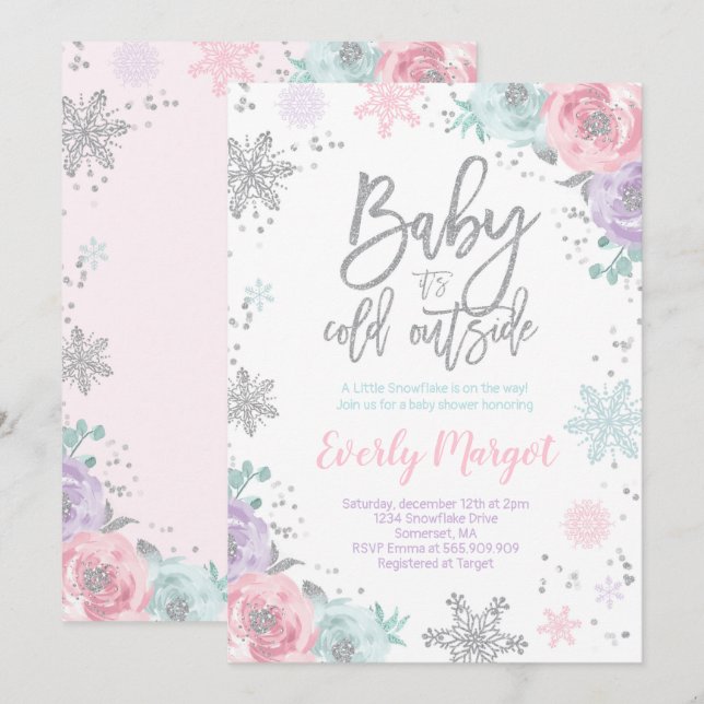 Inbjudan till Vinter Baby Shower Rosa Silver Glitt (Fram/baksida)