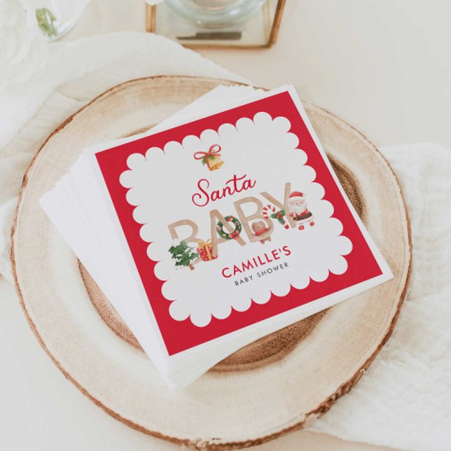 Inbjudan till Vinter Santa Baby Shower Pappersservett (Christmas Santa Baby Shower Personalized Napkins)