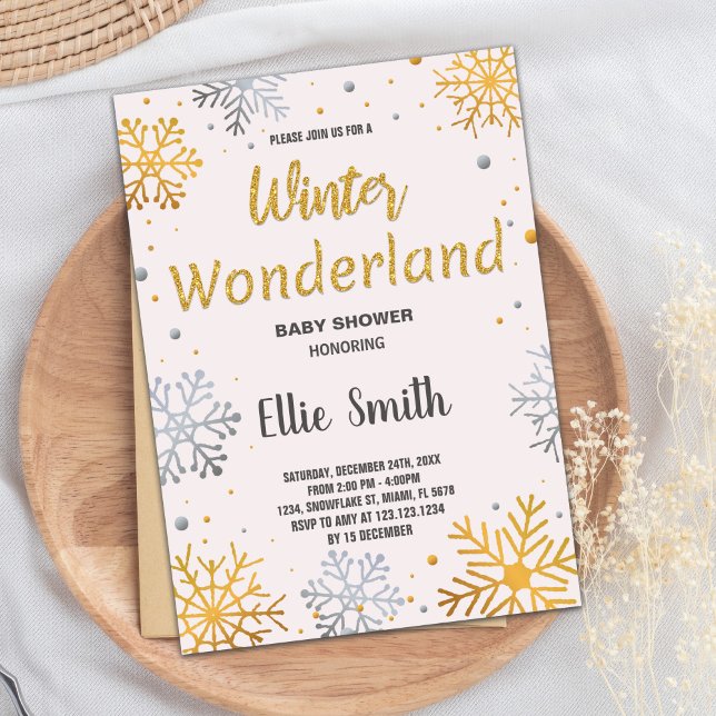 Inbjudan till Vinterbabyskor Golden Snö (Winter Baby Shower Invitations Golden Snow)