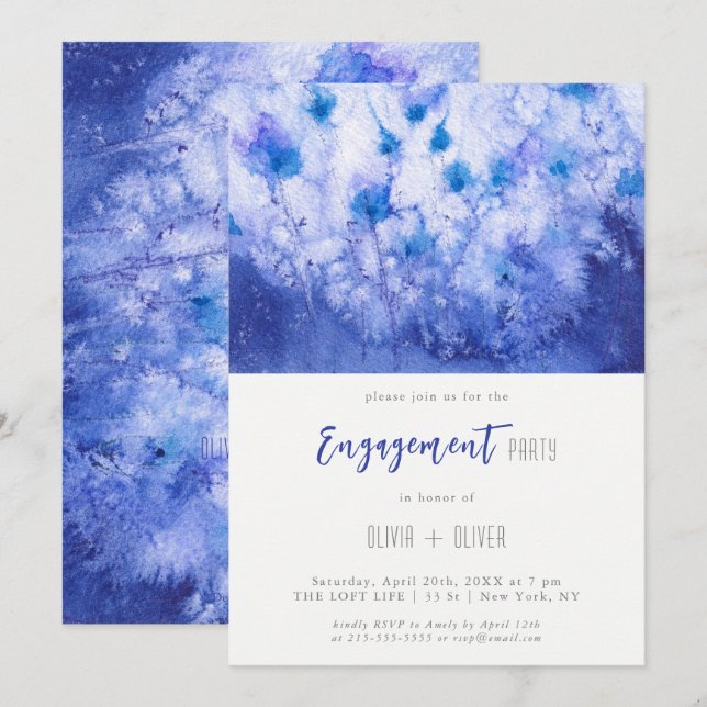 Inbjudan till vinterblå Förlovningsfest av trädgår (Fram/baksida)