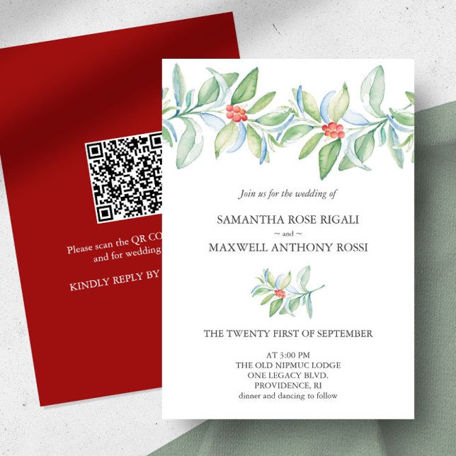 Inbjudan till vinterbröllop med QR-kod (Christmas wedding invitation watercolor botanical art by Victoria Grigaliunas of Do Tell A Belle)