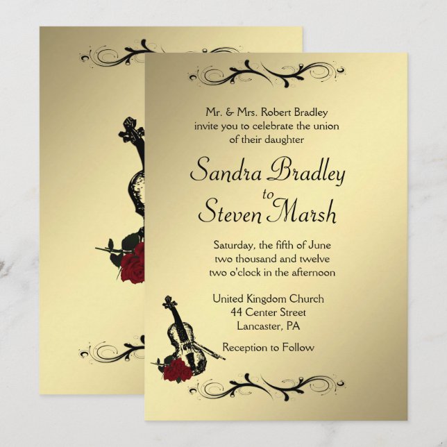 Inbjudan till Violin Music Wedding 5" x 7" (Fram/baksida)
