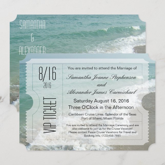 Inbjudan till VIP Beach Destination Wedding Biljet (Fram/baksida)