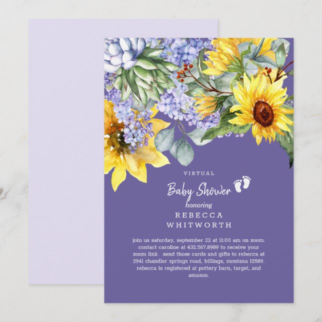 Inbjudan till Virtuella Baby Lilac & Solros (Fram/baksida)