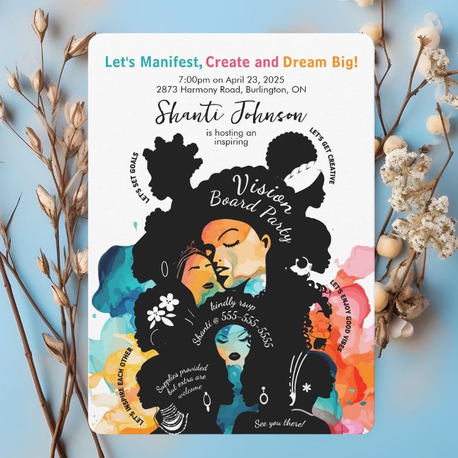 Inbjudan till Visionstavlor-fest (Bold, colorful vision board party invitation celebrating unity and empowerment.)