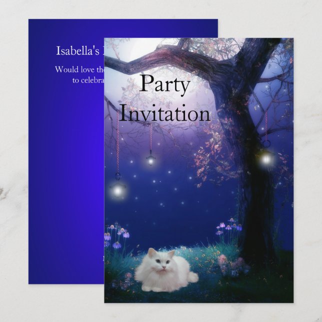 Inbjudan till vit katt vid Träd Party (Fram/baksida)