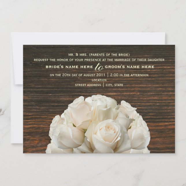 Inbjudan till vit ros & Barnwood Rustic Wedding (Framsida)