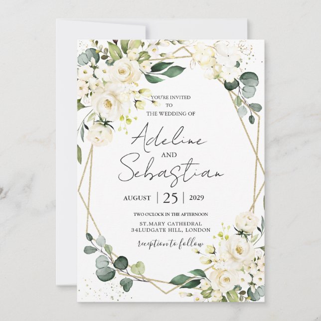 Inbjudan till vit ros Greenery Foliage Wedding (Framsida)