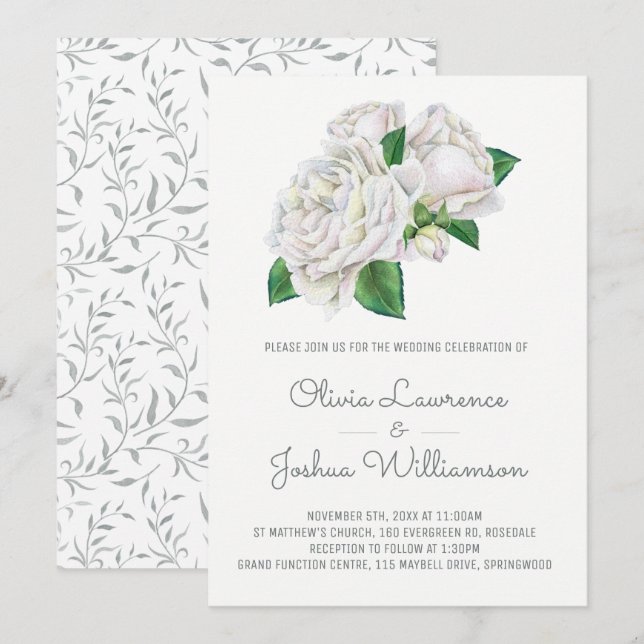Inbjudan till vit ros Watercolor Wedding (Fram/baksida)