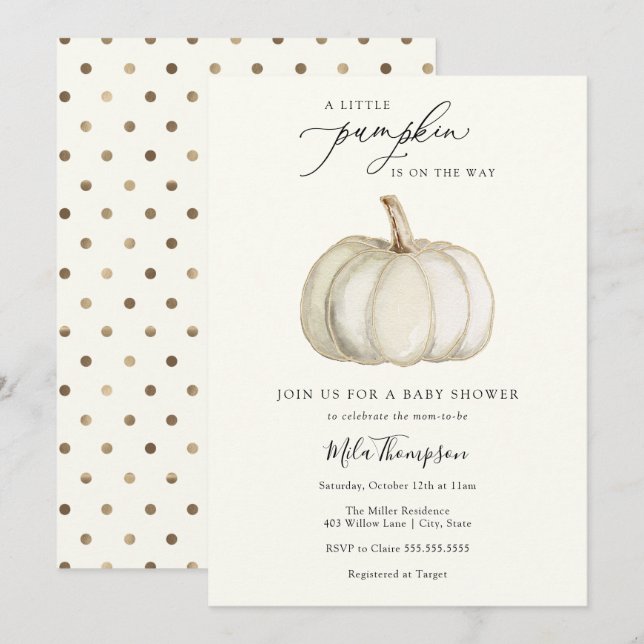 Inbjudan till Vita och Guld Pumpkin Baby Shower (Fram/baksida)