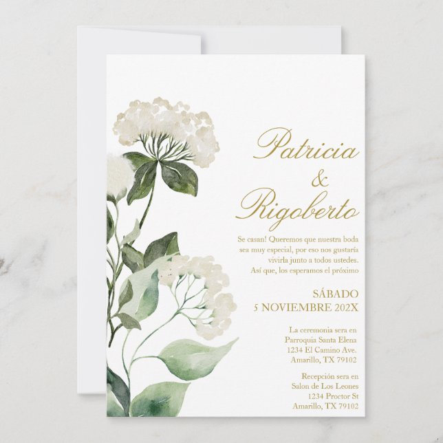Inbjudan till vitblomman Elegant bröllop på spansk (Framsida)