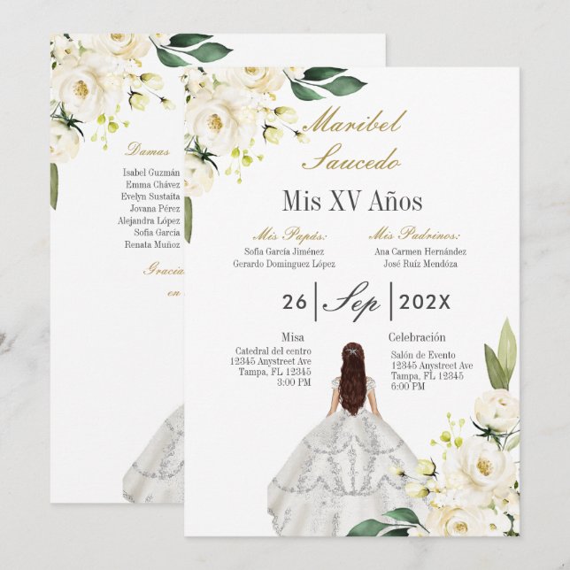 Inbjudan till vitklänning quinceañera (Fram/baksida)