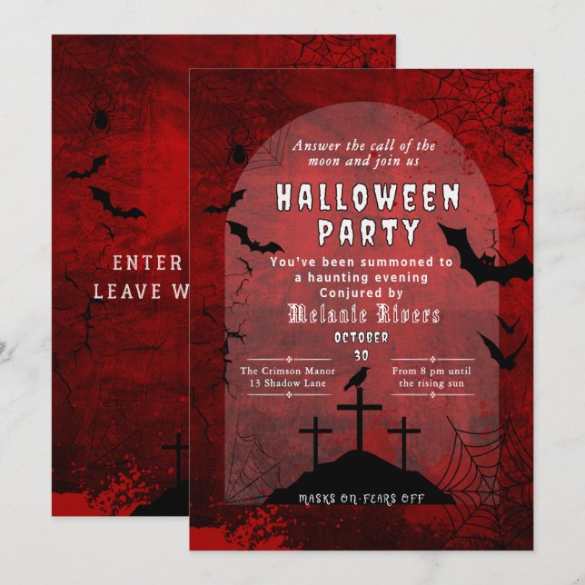 Inbjudan till vuxen Halloween fest - Röd och svart (Fram/baksida)
