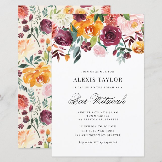 Inbjudan till Watercolor Autumn Blooms Pub Mitzvah (Fram/baksida)