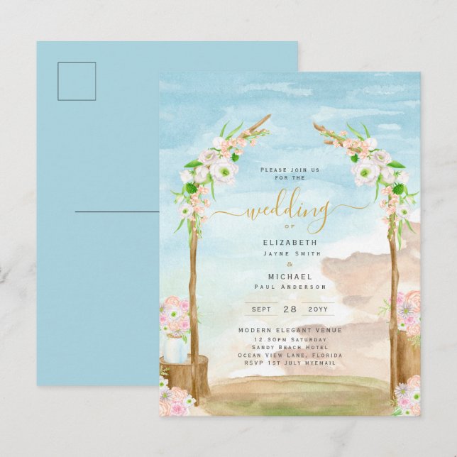 Inbjudan till Watercolor Beach Coastal Wedding (Fram/baksida)