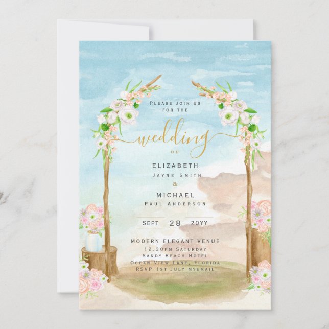 Inbjudan till Watercolor Beach Coastal Wedding (Framsida)