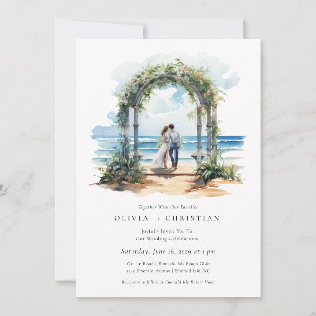 Inbjudan till Watercolor Beach Coastal Wedding (Framsida)