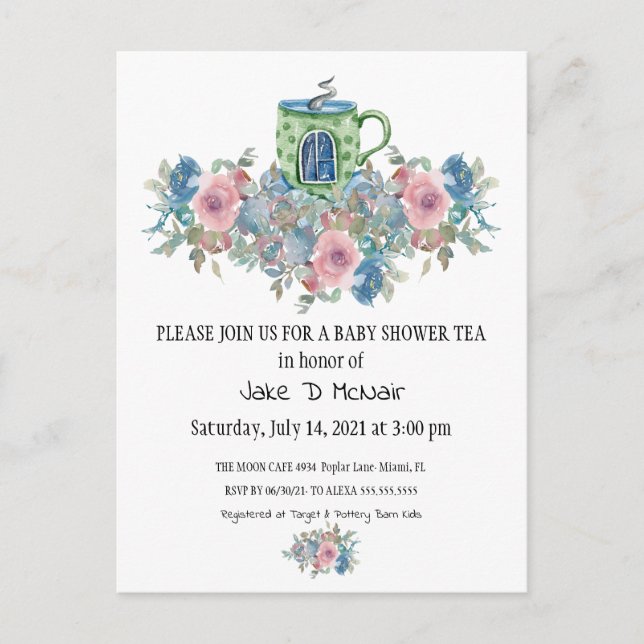 Inbjudan till Watercolor Blommigt Baby Tea Party (Framsida)