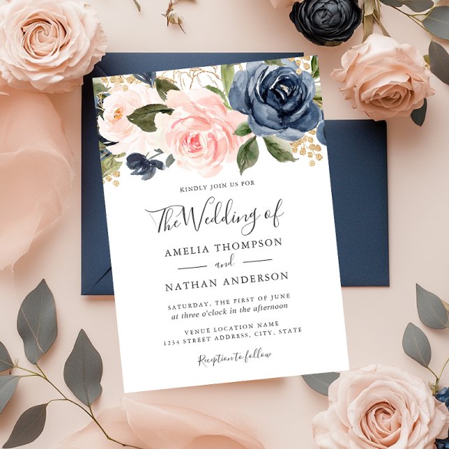 Inbjudan till Watercolor Blommigts Peach Navy Wedd (Skapare uppladdad)