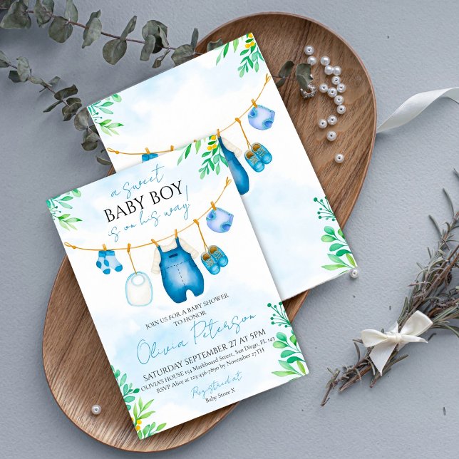 Inbjudan till Watercolor Blue Boy Baby Shower (Watercolor Blue Boy Baby Shower Invitation)