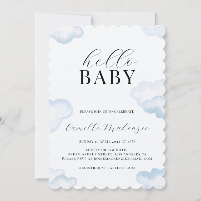 Inbjudan till Watercolor Blue Cloud Baby Shower (Framsida)