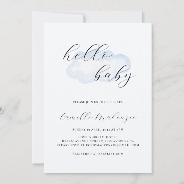 Inbjudan till Watercolor Blue Cloud Baby Shower (Framsida)