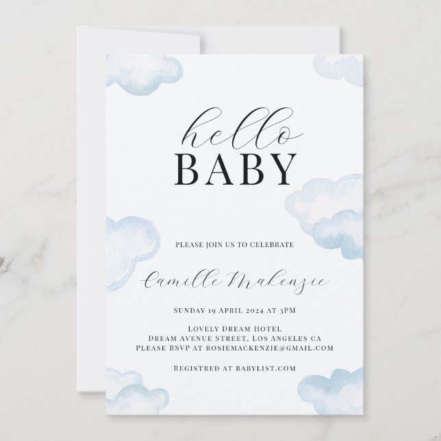 Inbjudan till Watercolor Blue Cloud Baby Shower (Framsida)