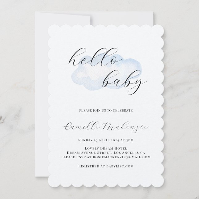 Inbjudan till Watercolor Blue Cloud Baby Shower (Framsida)