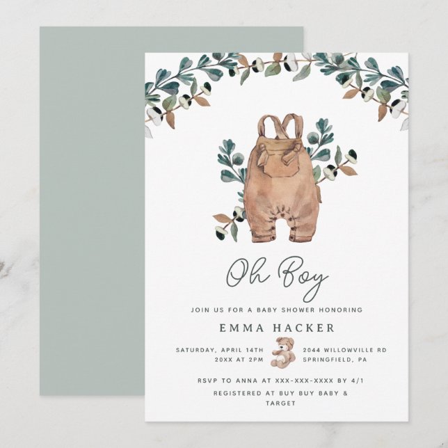 Inbjudan till Watercolor Boho Pojke Shower (Fram/baksida)