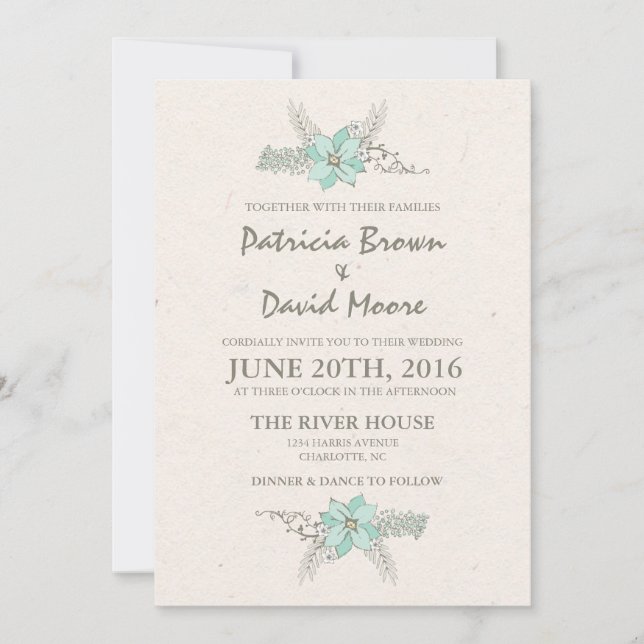 Inbjudan till Watercolor Bouquet Teal Wedding (Framsida)