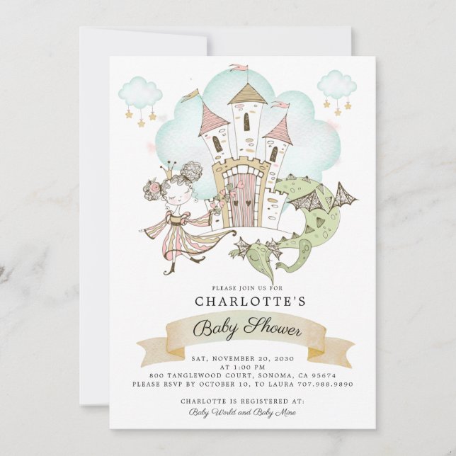 Inbjudan till Watercolor Castle Princess Dragon (Framsida)