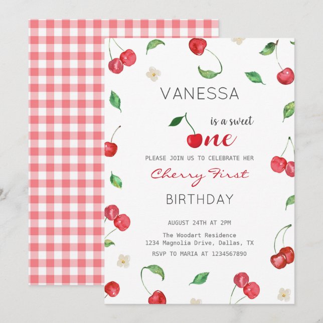 Inbjudan till Watercolor Cherry Girl First Birthda (Fram/baksida)