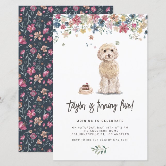Inbjudan till Watercolor Cockapoo-Hund på födelsed (Fram/baksida)