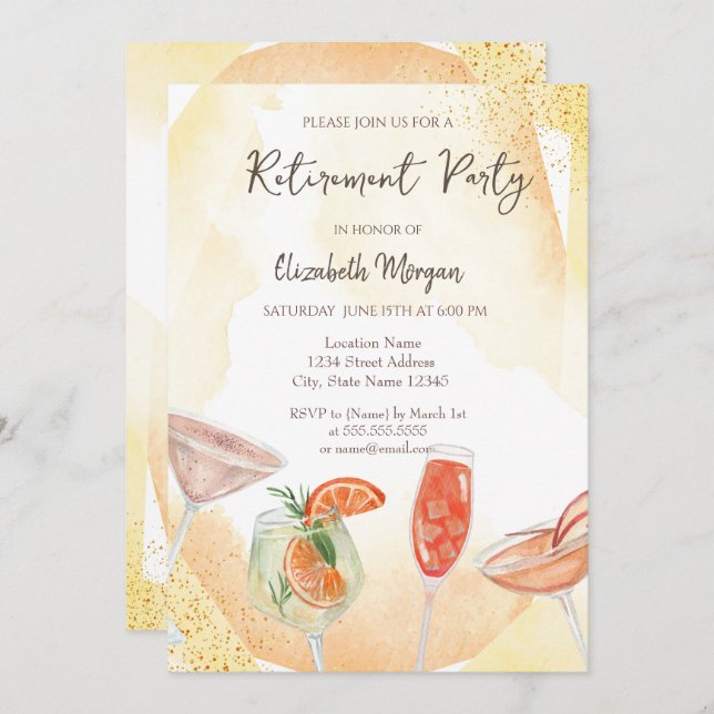 Inbjudan till Watercolor Cocktails Gult Pension (Fram/baksida)