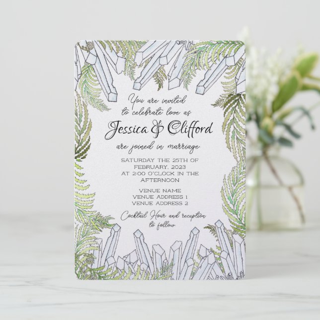 Inbjudan till Watercolor Crystal och Fern Wedding (Stående Fram)