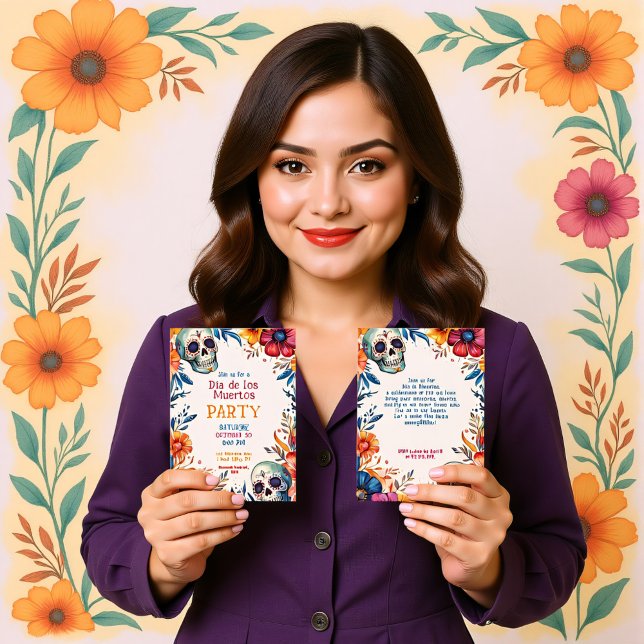 💀 inbjudan till Watercolor Día de Muertos-partiet (Watercolor Día de Muertos Party Invitation, customizable on both sides. printed or digital)
