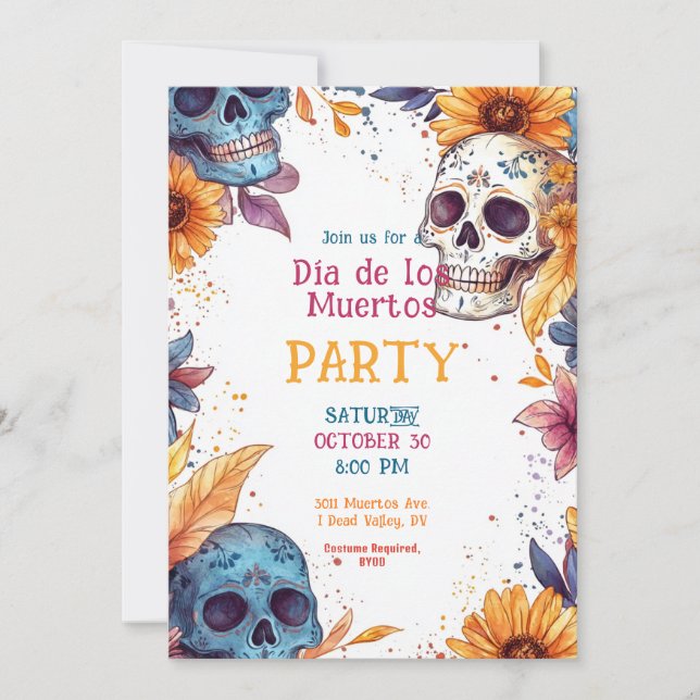 💀 inbjudan till Watercolor Día de Muertos-partiet (Framsida)