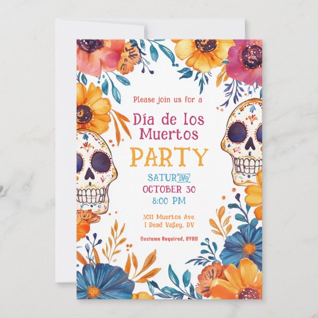 💀 inbjudan till Watercolor Día de Muertos-partiet (Framsida)